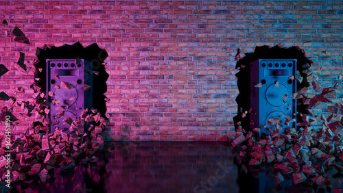 two acoustic speakers located in a crack in a brick wall in neon lighting