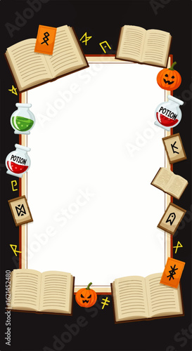 Open Books, Potions, and Halloween Decorations Frame