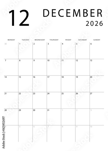 December 2026 calendar. Clean and simple monthly planner template. Portrait orientation. Monday start. Vector design.