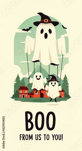 A large cartoon ghost in a witch hat acts as a balloon for two smaller, smiling ghost puppets.
