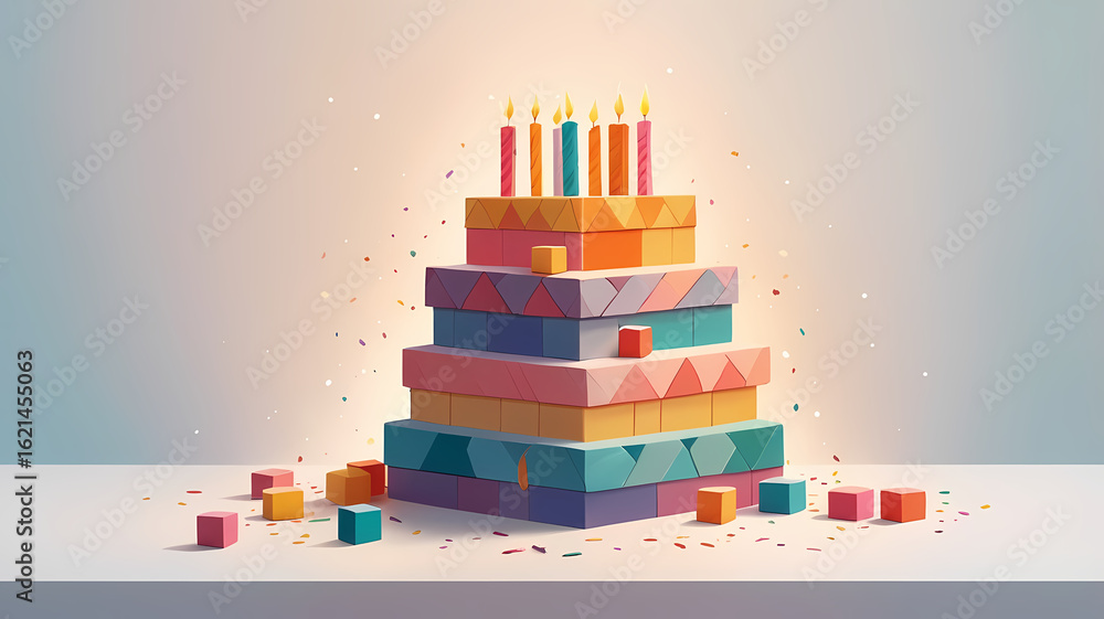 Fototapeta premium Stylized Birthday Cake Made of Boxes with Burning Candles and Colorful Confetti