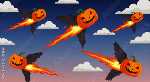 A spooky flying jack-o'-lantern with black bat wings and a fiery tail.