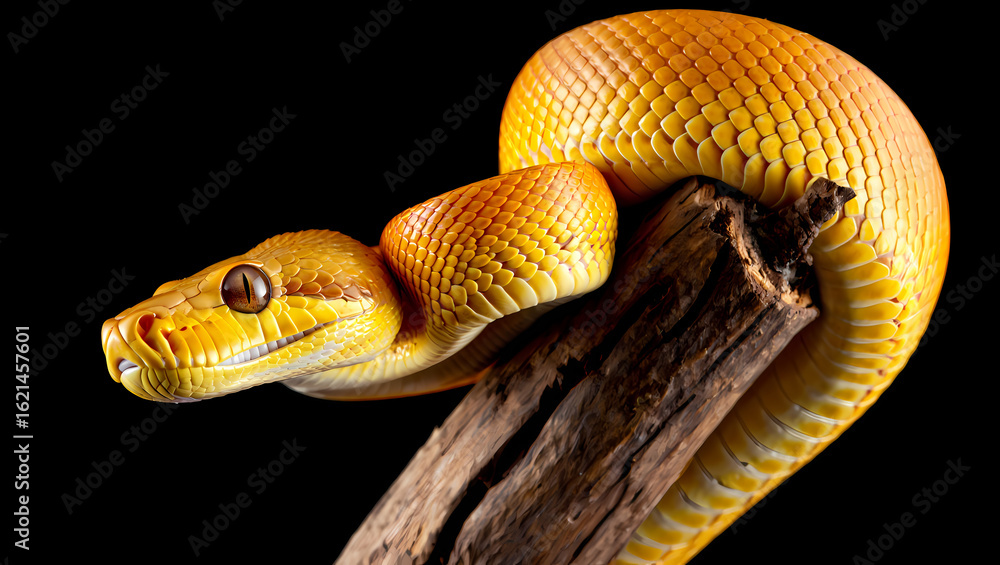 Fototapeta premium Gorgeous Golden Reticulated Python Coiled on a Branch Against a Black Background