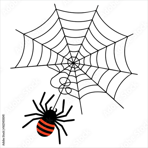 Black spider and torn web isolated on white background. Vector illustration representing web weaving and Halloween symbols, perfect for spooky and festive designs.