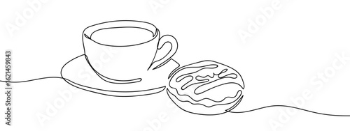 Continuous line hand drawn vector illustration of coffee cup and donut isolated on transparent background. editable stroke.