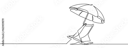 Continuous line hand drawn vector illustration of beach chair and beach umbrella isolated on transparent background. editable stroke.