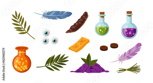 A colorful cartoon set of magical ingredients for witchcraft, including potions, feathers, eyeballs, and herbs.