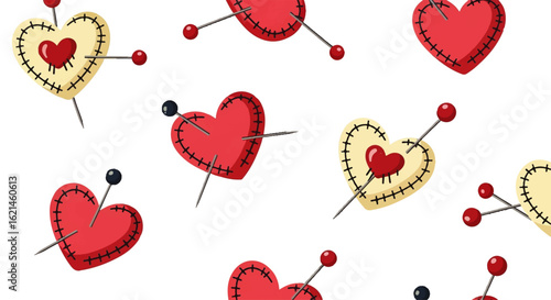 Cute Heart-Shaped Pincushions with Pins, Featuring Stitched Edges and Appliqu? Details