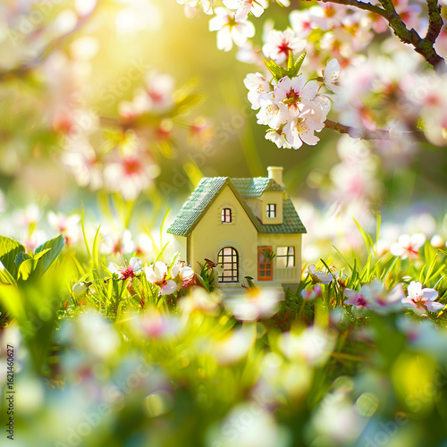 Wallpaper Mural Pastel Miniature House on Fresh Grass with Cherry Blossoms and Spring Flowers in Bright Sunlight Torontodigital.ca