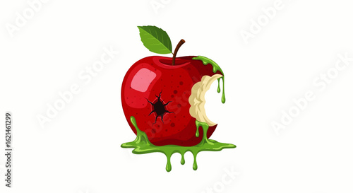 Cartoon illustration of a poisoned red apple with a bite, wormhole, and dripping green slime.