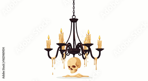 Gothic black chandelier with a hanging human skull and dripping wax from lit candles.