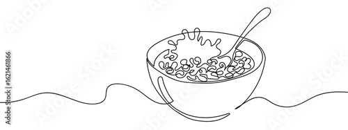Continuous line hand drawn vector cereal in bowl on transparent background. editable stroke.