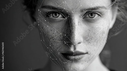 Female Face With Highlighted Facial Symmetry Lines and Anatomical Sketch Overlay Demonstrating Facial Structure and Beauty