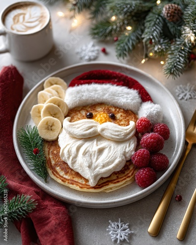 Festive Christmas Santa Pancake Breakfast Golden Pancakes With Red Hat, Snowflake Art, And Fresh Raspberries On A Plate With Golden Cutlery And A Sprig For A Cozy Holiday Feast