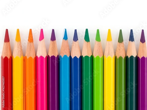 Colourful wooden colored pencils isolated with copy space. Spectrum coloring equipment flat lay on white background. Top view of creative art stationery.