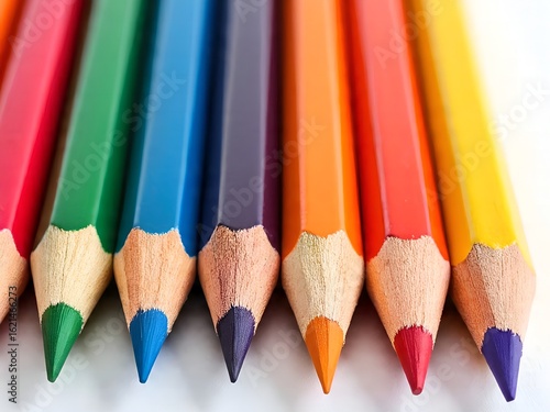 Colourful wooden colored pencils isolated with copy space. Spectrum coloring equipment flat lay on white background. Top view of creative art stationery.