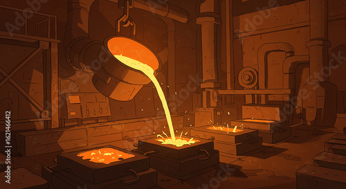Foundry in Action: Molten Metal Pouring Illustration