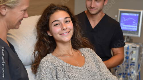 Smiling Young Woman in Medical Setting with Professionals.