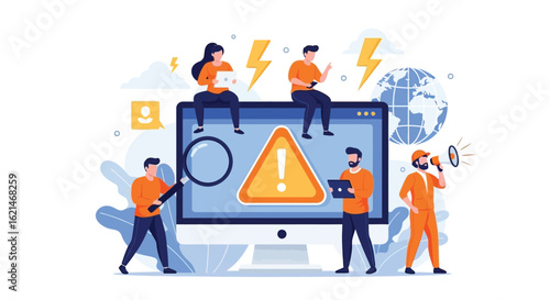 Team Addressing Alert on Computer Screen with Global Communication