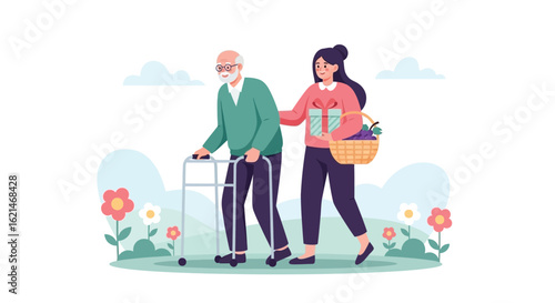 Caregiver Assisting Elderly Person with Walker in a Garden Setting