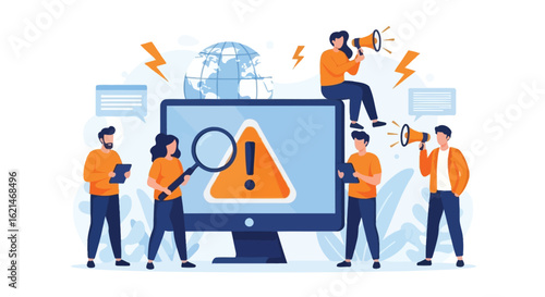 Team Addressing Alert on Computer Screen with Global Communication