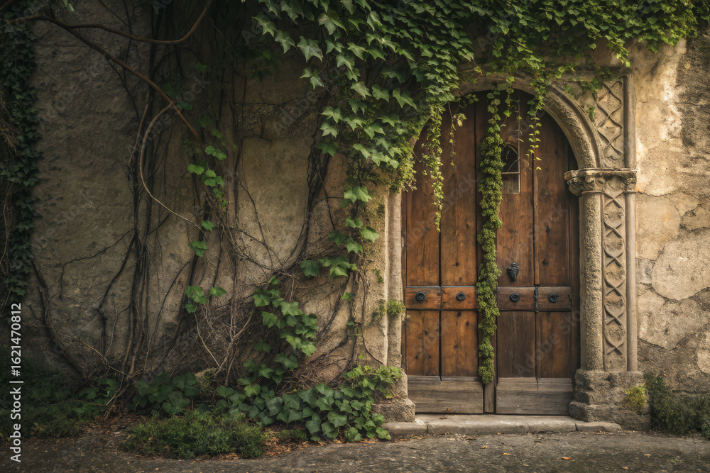 Fototapeta premium Old Rustic Wooden Door Covered with Green Ivy Vines on Textured Stone Wall in Soft Daylight