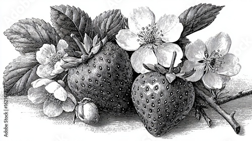 Vintage Strawberry and Blossom Botanical Illustration