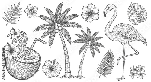 A black and white illustration featuring a flamingo, coconut drink, palm trees, and tropical flowers like hibiscus and plumeria.