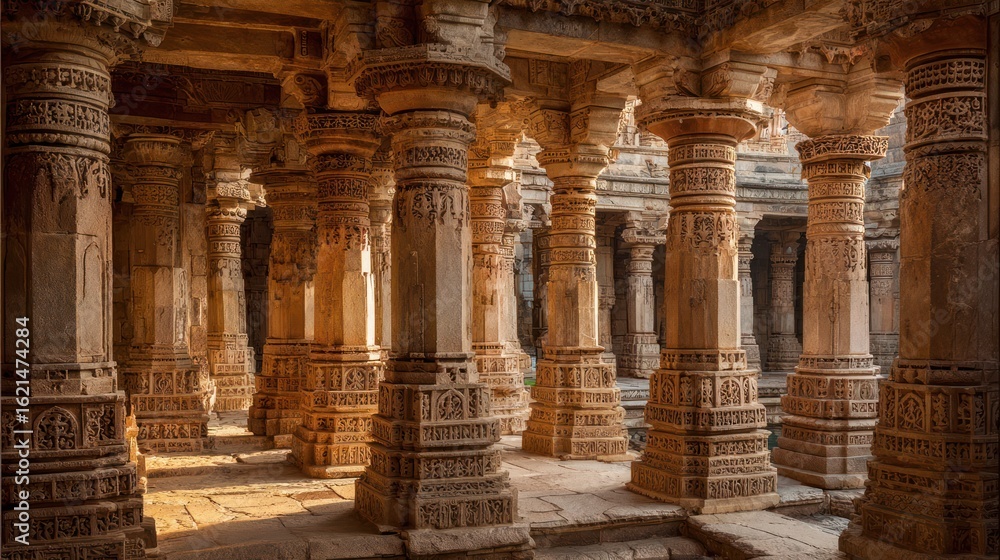 Obraz premium Ancient carved stone columns and arches in sunlit corridor of a historical structure