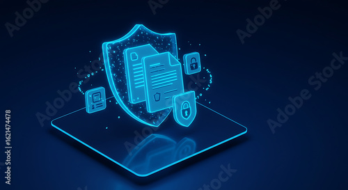 Cybersecurity Shield: A digitally rendered image showcases a robust cybersecurity shield, protecting confidential documents and data, signifying digital security and data protection.