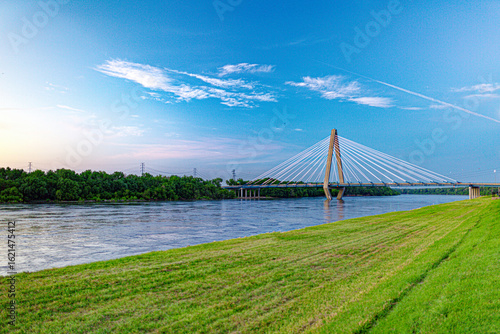 Cable-stayed Bond Bridge over Missouri River at sunset
