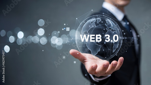 Web 3.0 concept businessman holding digital earth, modern technology solution