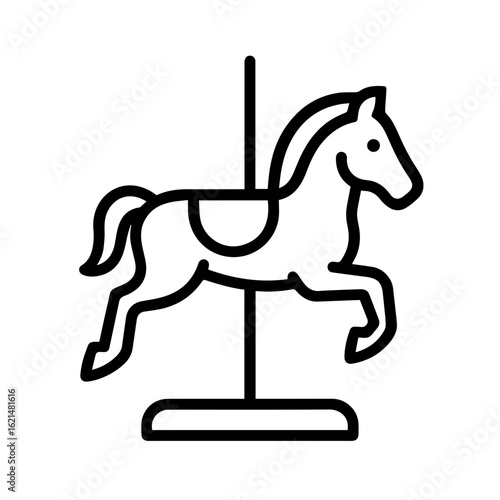 Abstract carousel horse icon displayed in minimalist black and white design. Carousel horse is a symbol of childhood joy and nostalgic carnival memories, adding playful touch,