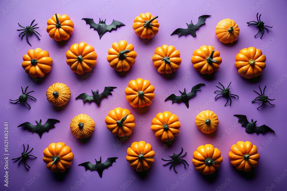 Obraz premium Overhead arrangement of halloween pumpkins, bats and spiders on purple background, a festive autumn holiday decoration concept for trick or treat party