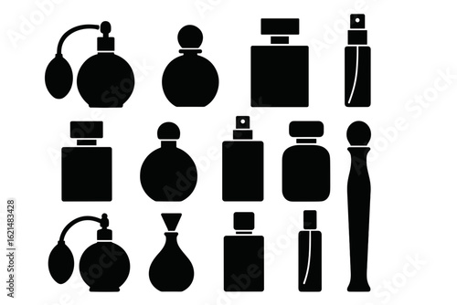 Assortment of perfume bottles and fragrance containers in various shapes for cosmetic and beauty products on transparent background silhouette
