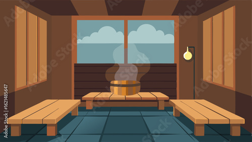 A sauna room with wooden benches and steam rising from a hot stone stove.