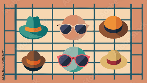 A stylish display of sunglasses and hats on a wallmounted grid