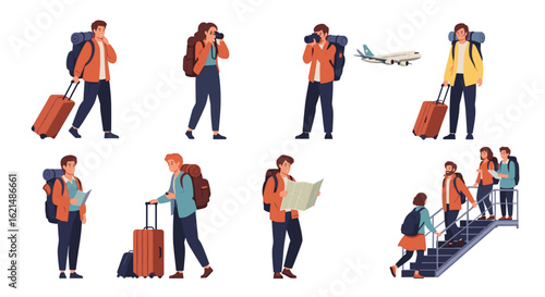 Travelers with luggage and backpacks embarking on adventures and exploring new destinations worldwide abroad on transparent background