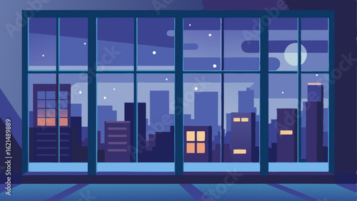 A wall of windows in the bedroom offering a stunning view of the city lights at night.
