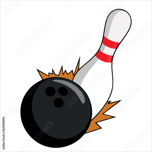 Bowling ball and pin icon in flat cartoon style. Vector illustration of black ball and white skittle isolated on white, perfect for bowling game themes