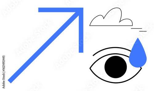Blue upward arrow beside cloud, single eye, and teardrop blending progress, vision, challenges, and opportunities. Ideal for success, growth, emotion leadership goal-setting motivation
