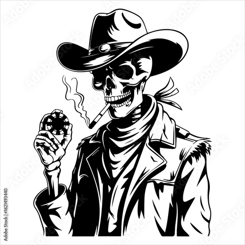 A skeletal cowboy figure, smoking a cigarette, holding a poker chip.