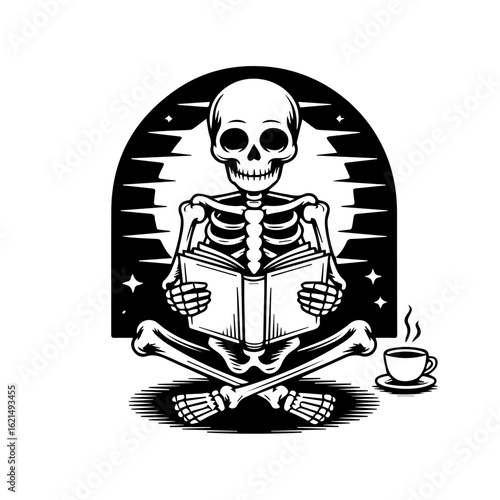 A skeleton sits cross-legged, engrossed in reading a book, with a steaming cup of coffee nearby.