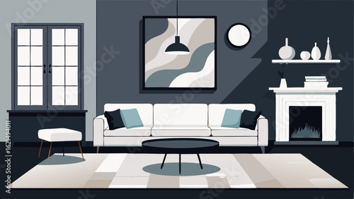 A spacious living room with a white rug a black velvet sectional and a white marble fireplace.