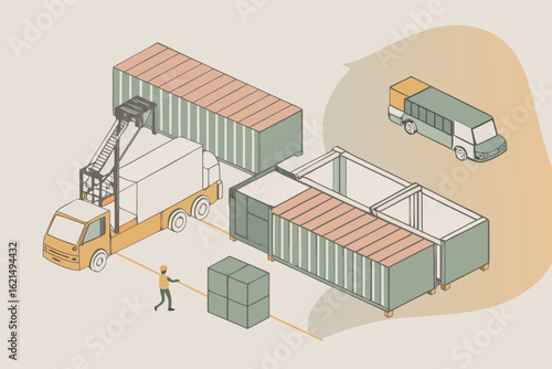 Yellow truck loading green shipping containers with conveyor