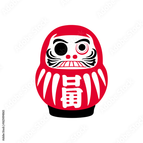 A stylized Daruma doll, a traditional Japanese good luck charm, depicted with a single, cycloptic eye and a fierce expression.