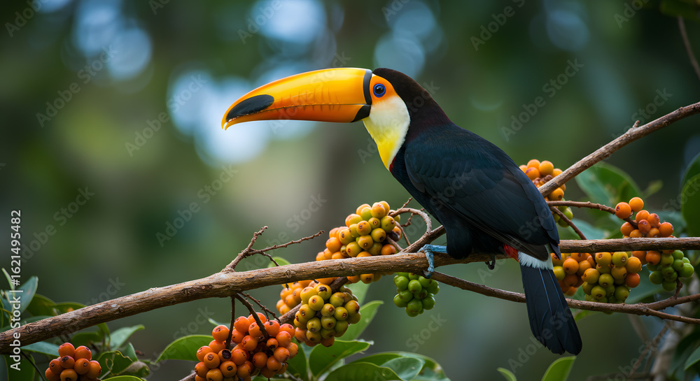 Naklejka premium A vibrant toucan perches on a branch laden with colorful berries, set against a lush green backdrop.