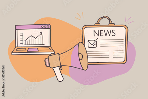 Laptop and news board with megaphone illustration chart