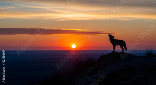 A coyote silhouette howls against a vibrant sunset backdrop, evoking a sense of wilderness and solitude.