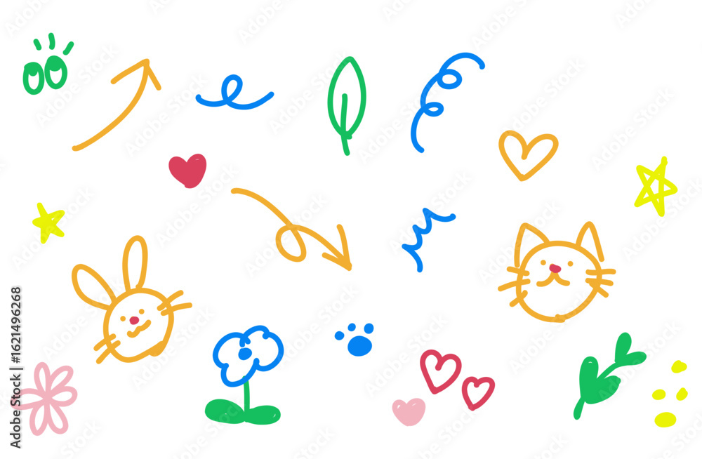 Fototapeta premium Colorful Doodle Clipart Set – Arrows, Animals, Hearts, Flowers, Hand-drawn Style